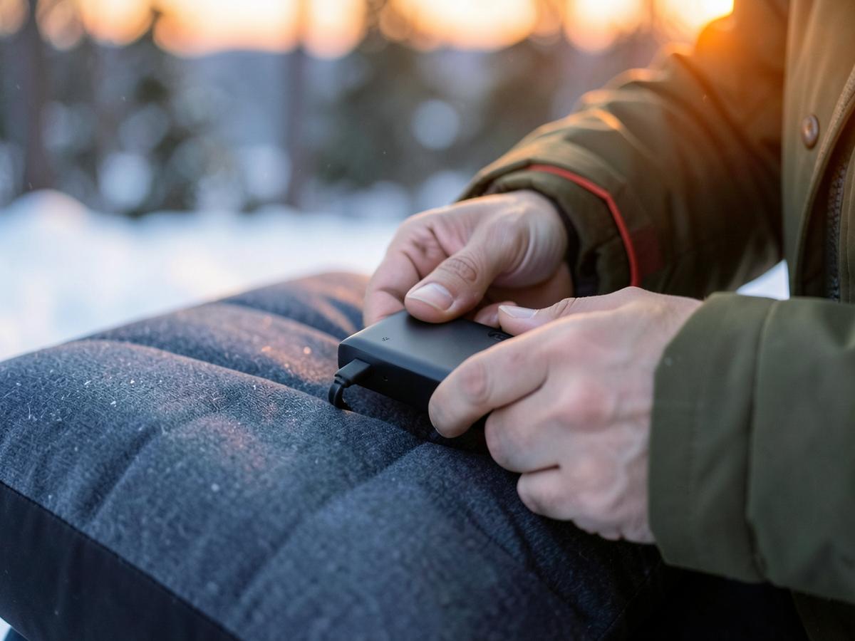 Thermrup warmtekussen aangesloten op een powerbank tijdens een koude dag buiten